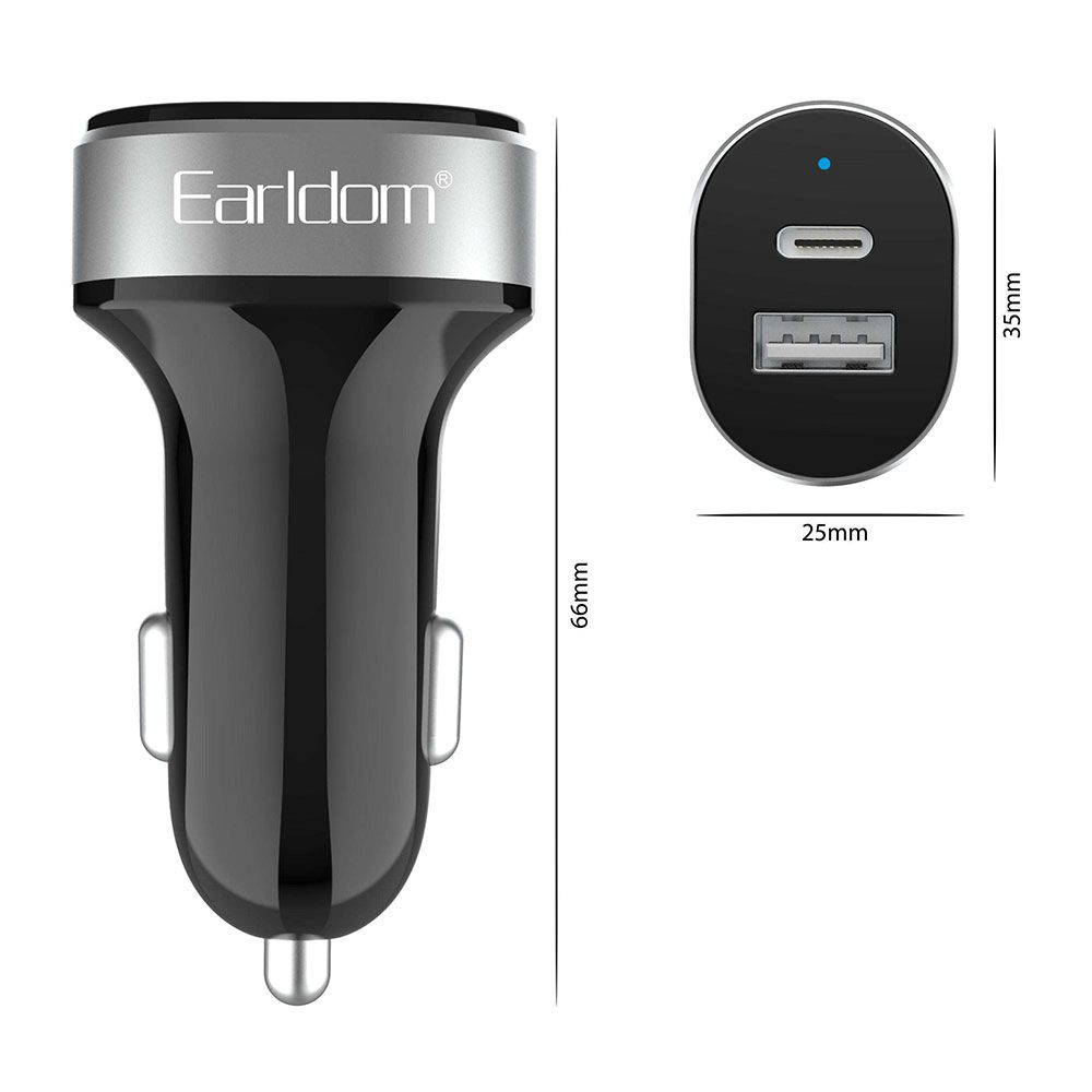 Car socket charger Earldom ES-CC14, 1xUSB, 1xType-C, With Type-C cable, Black 